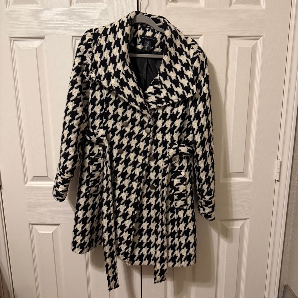 New York & Company Black White Houndstooth Wool Blend Double Breasted Belt Coat